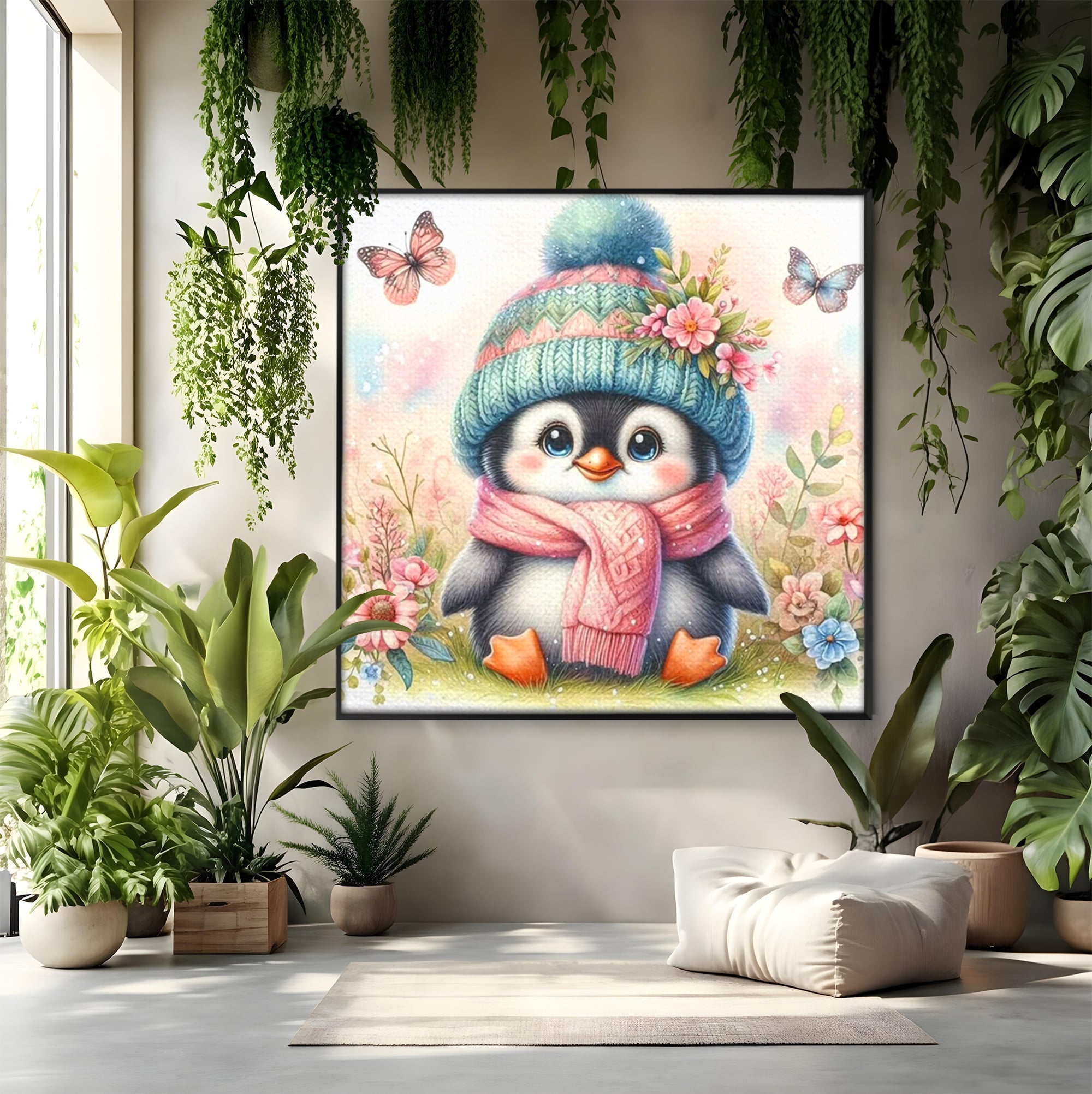Tablou canvas cu pinguin ilustrat cu caciula si fular roz, in rama de aluminiu negru